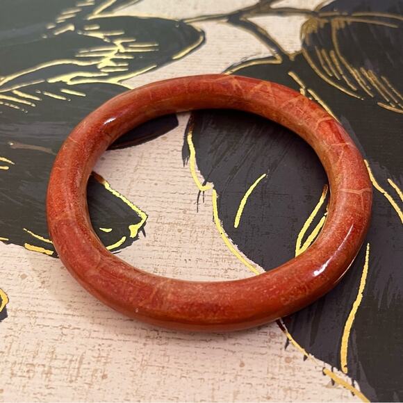 Vintage Genuine Apple Coral Polished Gemstone Bangle Bracelet Beautiful B1 - Picture 3 of 9